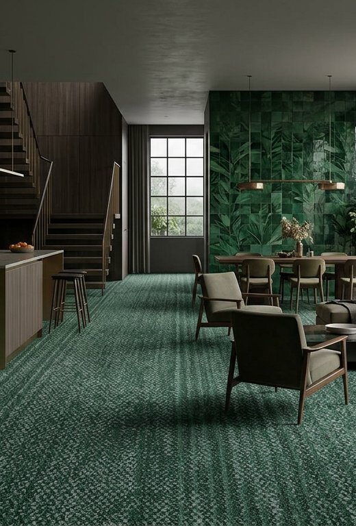 Bathe the room in soft, overcast afternoon light filtering through tall steel-framed windows, catching the glossy, liquid-like reflections of the green tiles. Maintain a moody, intimate atmosphere with deep, quiet shadows, letting the rich botanical glaze serve as the primary source of depth against dark wood tones and muted brass accents.