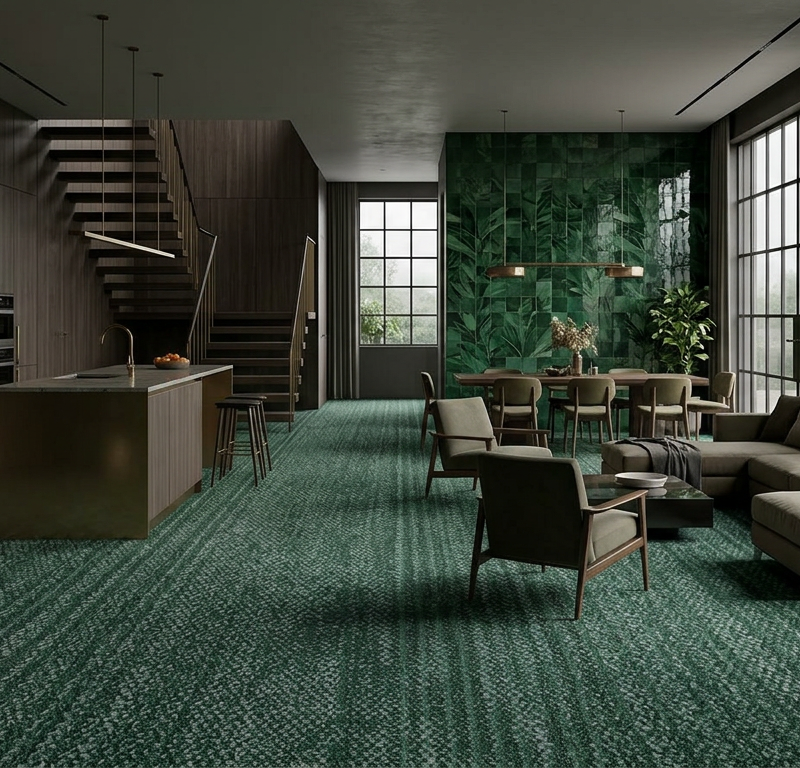 Bathe the room in soft, overcast afternoon light filtering through tall steel-framed windows, catching the glossy, liquid-like reflections of the green tiles. Maintain a moody, intimate atmosphere with deep, quiet shadows, letting the rich botanical glaze serve as the primary source of depth against dark wood tones and muted brass accents.