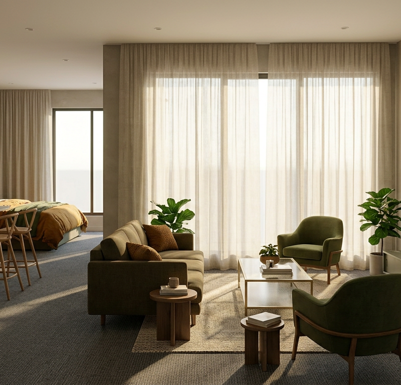 Bathe the bedroom in soft, diffused morning light filtering through sheer linen curtains, casting gentle, elongated shadows. The mood is serene and restorative, styled with warm oak furniture, muted sage accent walls, and crisp, rumpled linen bedding to emphasize the rug's understated luxury.