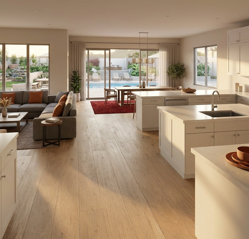 Set the scene in soft, low-angle late afternoon sunlight streaming through high windows, casting long, warm shadows. The mood is serene and lived-in. Frame the kitchen with minimalist ceramic tableware in matte terracotta and dry botanical branches to complement the raw, organic feel of the oak.