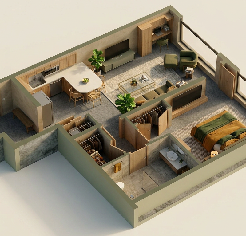 Set the dollhouse in a soft, warm morning glow, with gentle miniature spotlights mimicking tiny bedside lamps. Keep the backdrop a muted, desaturated cream to let the tactile suede rug ground the room. The mood is quiet, cozy, and meticulously detailed, emphasizing the soft, velvety texture of the suede under miniature scale.