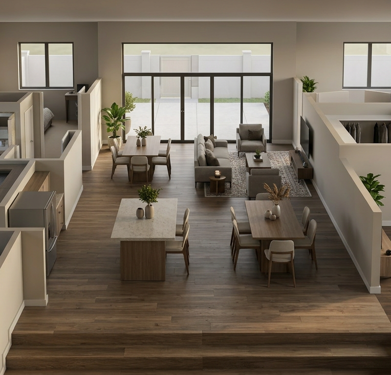 Bathe the kitchen in a soft, low-contrast afternoon haze. Position a gentle, warm side-light to catch the subtle depth of the Cocoa surfaces without harsh reflections. Style with minimal, matte-ceramic vessels and dried botanical stems to emphasize the quiet, grounded atmosphere.