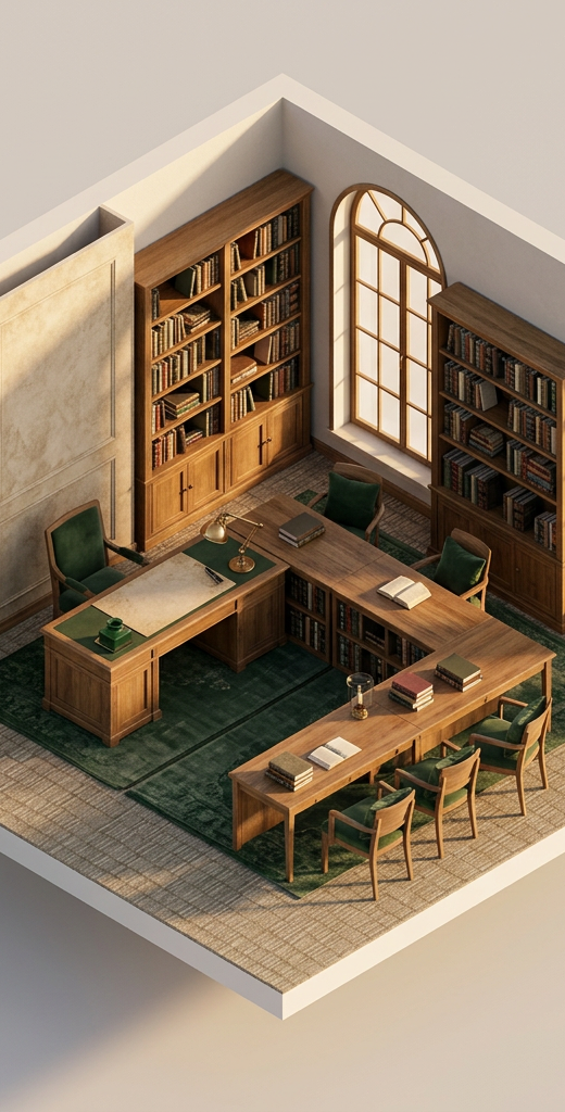 Bathe the isometric library in warm, late-afternoon sunlight streaming through high arched windows, casting long, soft shadows. The mood is studious yet cozy. Surround the parchment-clad surfaces with rich oak bookcases, tiny brass lamps, and deep forest green accents, creating a highly detailed, miniature scholarly sanctuary.