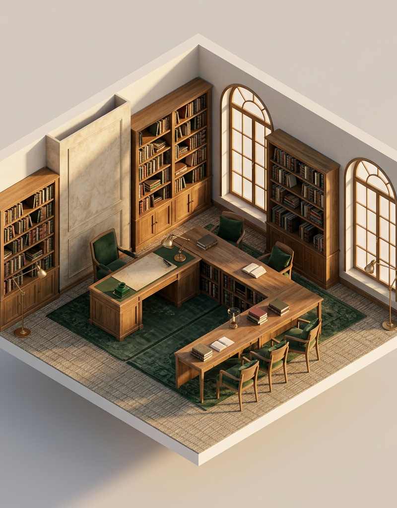 Bathe the isometric library in warm, late-afternoon sunlight streaming through high arched windows, casting long, soft shadows. The mood is studious yet cozy. Surround the parchment-clad surfaces with rich oak bookcases, tiny brass lamps, and deep forest green accents, creating a highly detailed, miniature scholarly sanctuary.