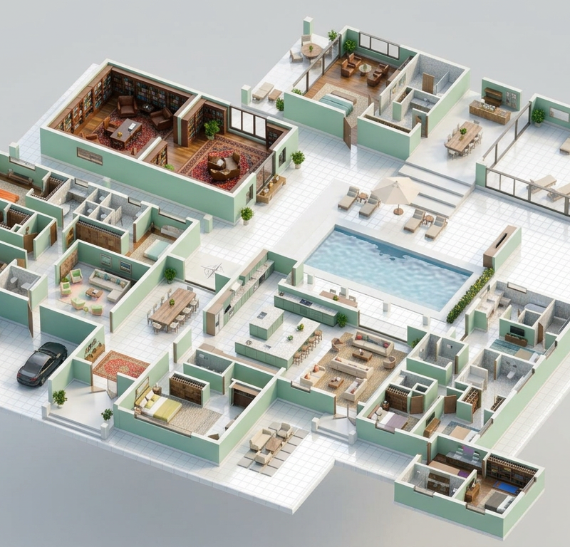 Bathe the isometric dollhouse in soft, diffused studio lighting that catches the crisp gloss of the white tiles. Pair this clean, miniature world with matte mint cabinetry and pale oak floors to create a sophisticated, toy-like warmth. Keep the shadows soft and the overall mood bright, airy, and meticulously organized.