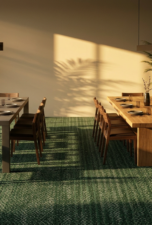 Bathe the dining space in a warm, low-angle late-afternoon sunbeam, casting long, dramatic silhouettes of tall indoor palms across the floor. The mood is a quiet, sun-drenched sanctuary. Pair with dark walnut furniture and matte black accents to let the lush, verdant tilework serve as the room's living heartbeat.