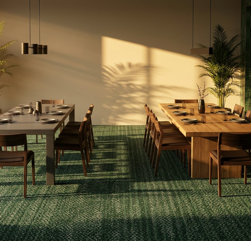 Bathe the dining space in a warm, low-angle late-afternoon sunbeam, casting long, dramatic silhouettes of tall indoor palms across the floor. The mood is a quiet, sun-drenched sanctuary. Pair with dark walnut furniture and matte black accents to let the lush, verdant tilework serve as the room's living heartbeat.