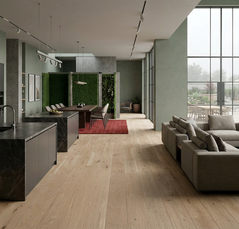 Bathe the spacious kitchen in soft, diffused overcast daylight filtering through tall, minimalist steel-framed windows. Establish a serene, nord-industrial mood with matte concrete floors and muted sage plaster walls. Keep shadows soft and low-contrast, allowing the natural warmth of the oak to quietly ground the airy, open-plan space.