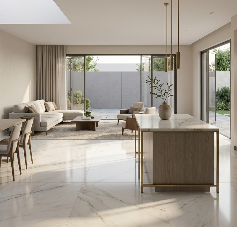 Soft, indirect morning light pours from an unseen skylight, casting gentle, elongated shadows. The atmosphere is serene and spa-like, with a warm, muted color palette. Matte brass fixtures and a single minimalist green branch in a ceramic vase ground the luxurious stone textures.