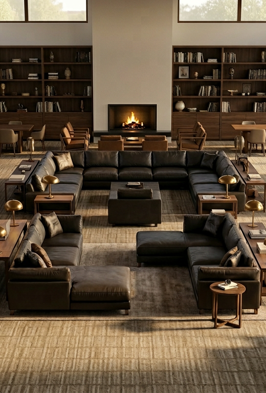 Set a serene, intellectual mood with diffuse, warm afternoon light filtering through high windows, casting long, soft shadows. The atmosphere is quiet and studious. Pair the parchment surfaces with dark walnut shelving and low-glow brass reading lamps, highlighting the material's clean, velvet-matte texture.