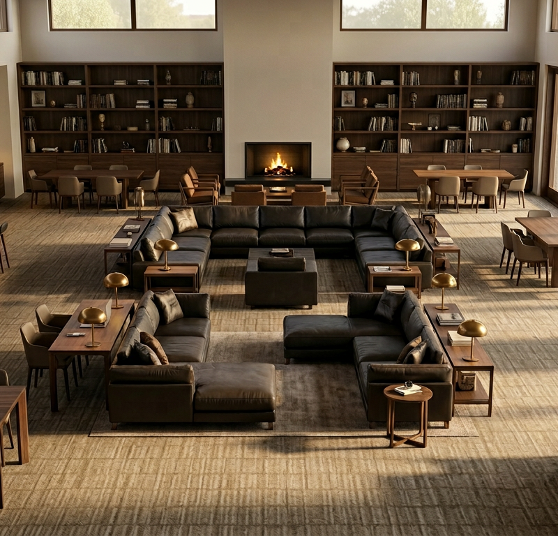 Set a serene, intellectual mood with diffuse, warm afternoon light filtering through high windows, casting long, soft shadows. The atmosphere is quiet and studious. Pair the parchment surfaces with dark walnut shelving and low-glow brass reading lamps, highlighting the material's clean, velvet-matte texture.