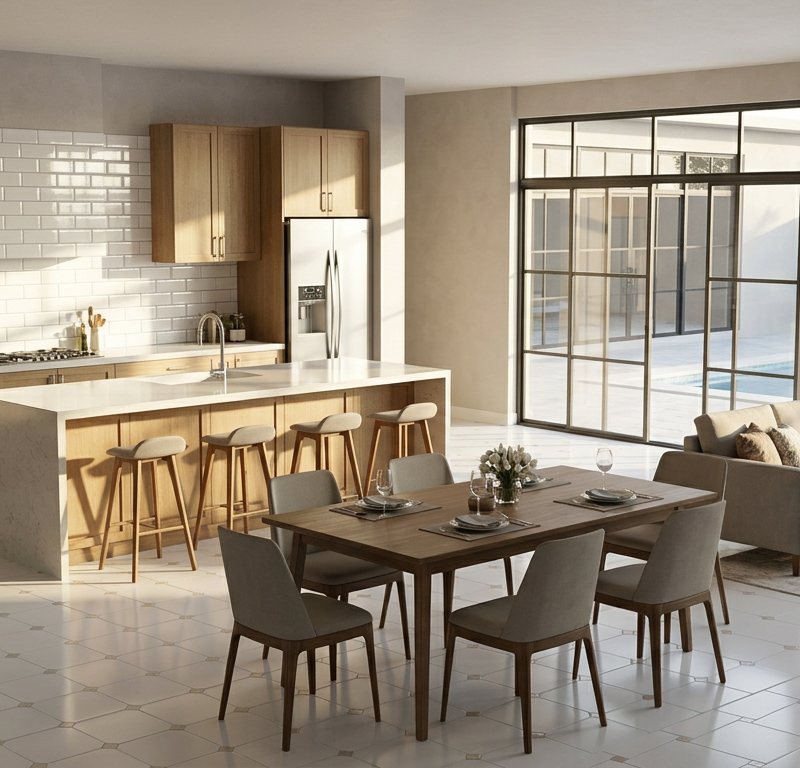 Bathe the spacious open-plan kitchen in bright, directional morning sunlight pouring through expansive industrial windows. The crisp, clean light should strike the glossy white tiles at a low angle, casting elongated, sharp reflections across the backsplash. Keep the surrounding palette soft—warm oaks and muted plaster walls—to let the glossy glaze feel exceptionally bright.